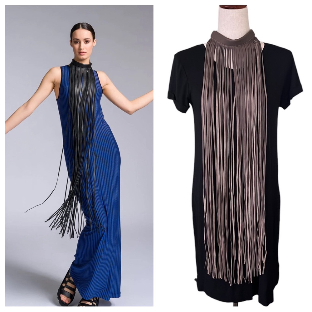 Fringe Statement Necklace - Black and Taupe Long Fringe